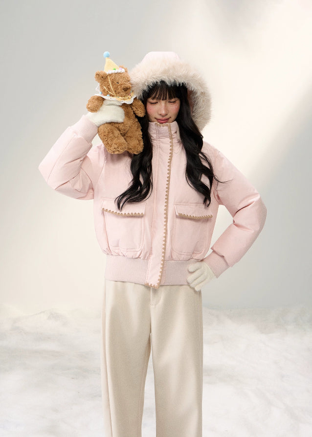 Snowflake Pastel Fur-Collar Down Jacket - szxrfrp
