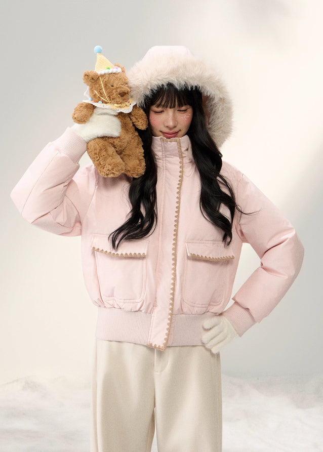 Snowflake Pastel Fur-Collar Down Jacket - szxrfrp