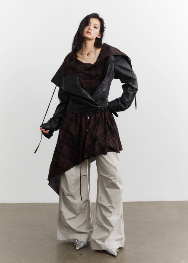 Urban Layered Plaid Apron PU Jacket Set - szxrfrp